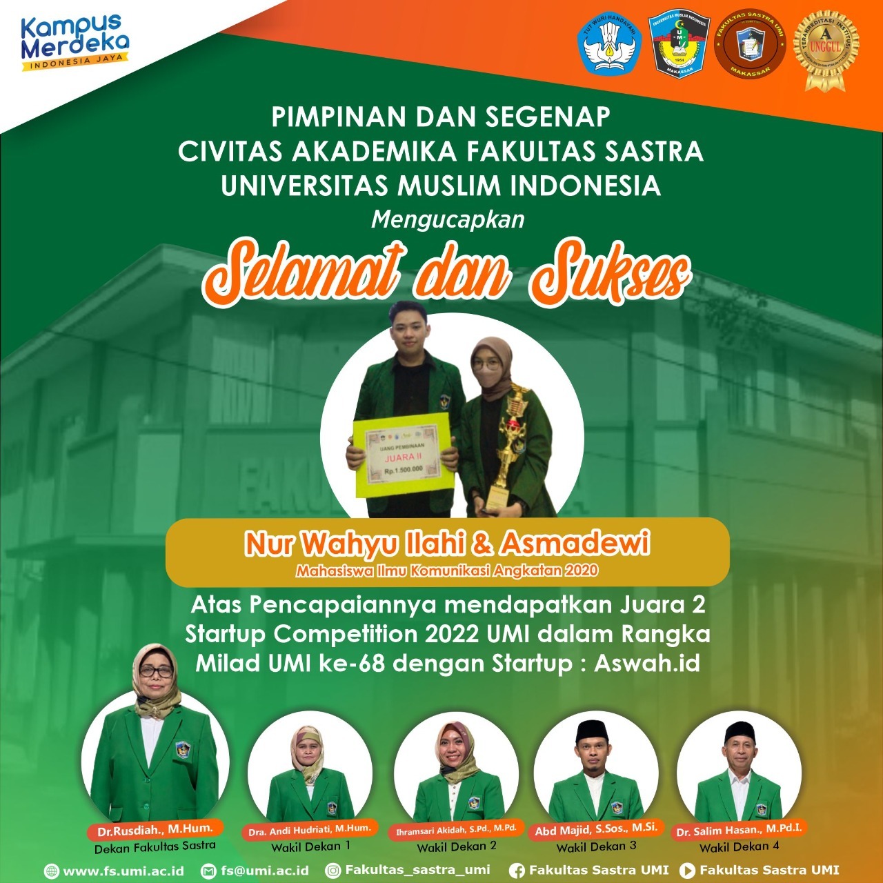 PIMPINAN FAKULTAS SASTRA UMI BERI PENGHARGAAN KEPADA MAHASISWA JUARA 2 STAR UP COMPETITION